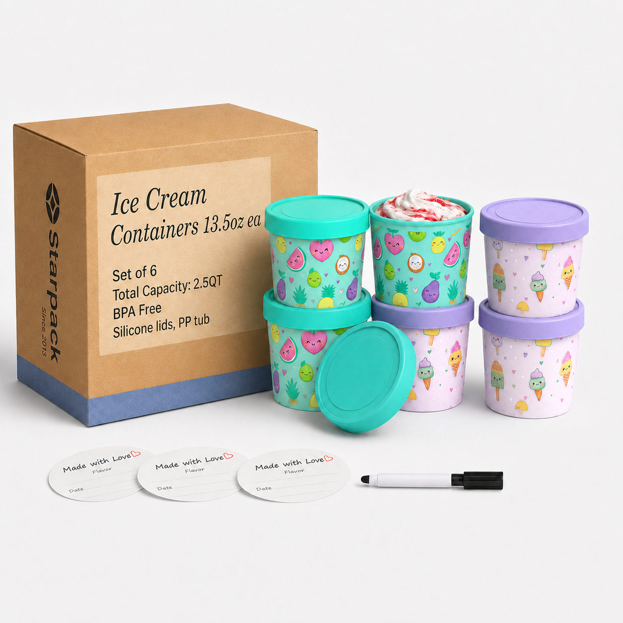 Freeze the Day | Ice Cream Freezer Container 13.5oz Set of 6 | Purple / Green