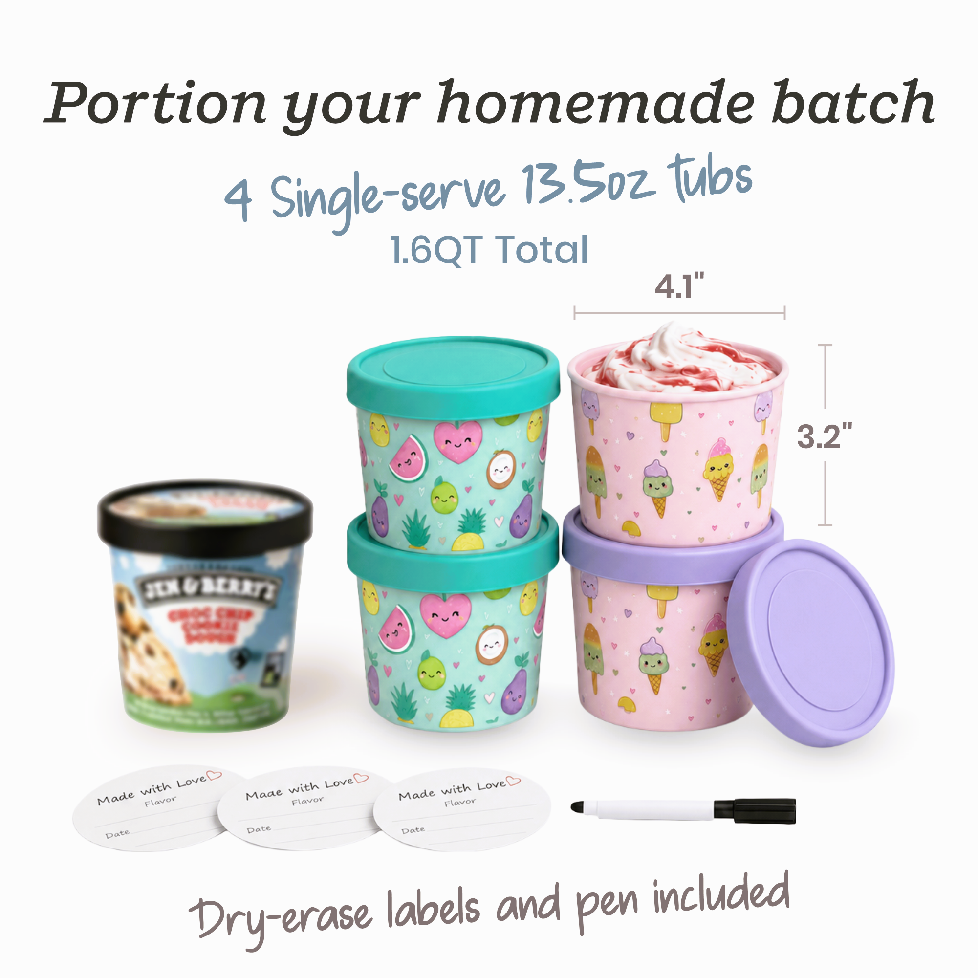 Starpack single-serve 13.5oz ice cream freezer containers set of 4 with frost-free lids (Pink and Green)