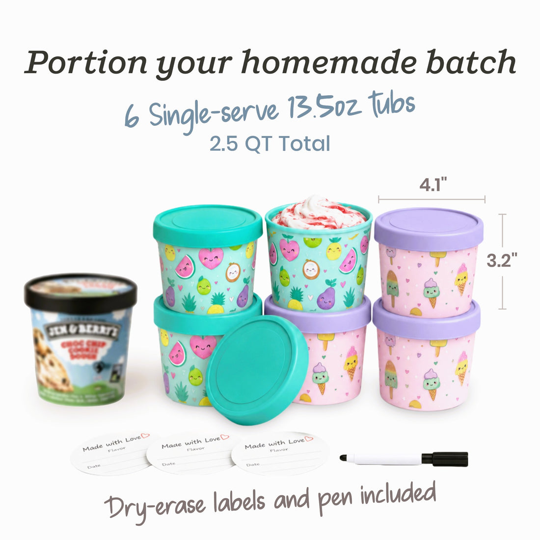Freeze the Day | Ice Cream Freezer Container 13.5oz Set of 6 | Purple / Green