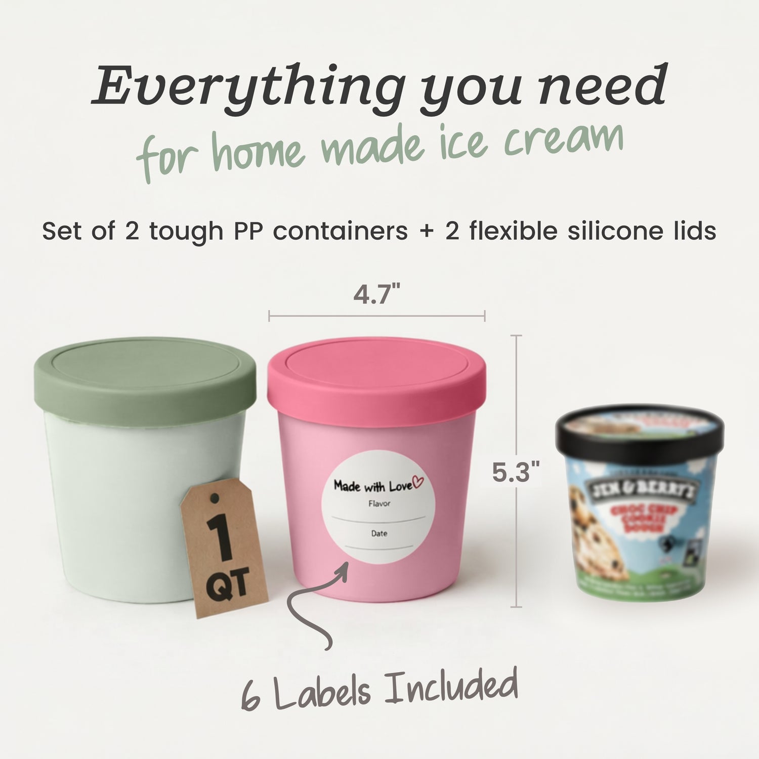 Freeze the Day | Ice Cream Freezer Lids 1Qt Set of 2 with Pens | Sage / Pink