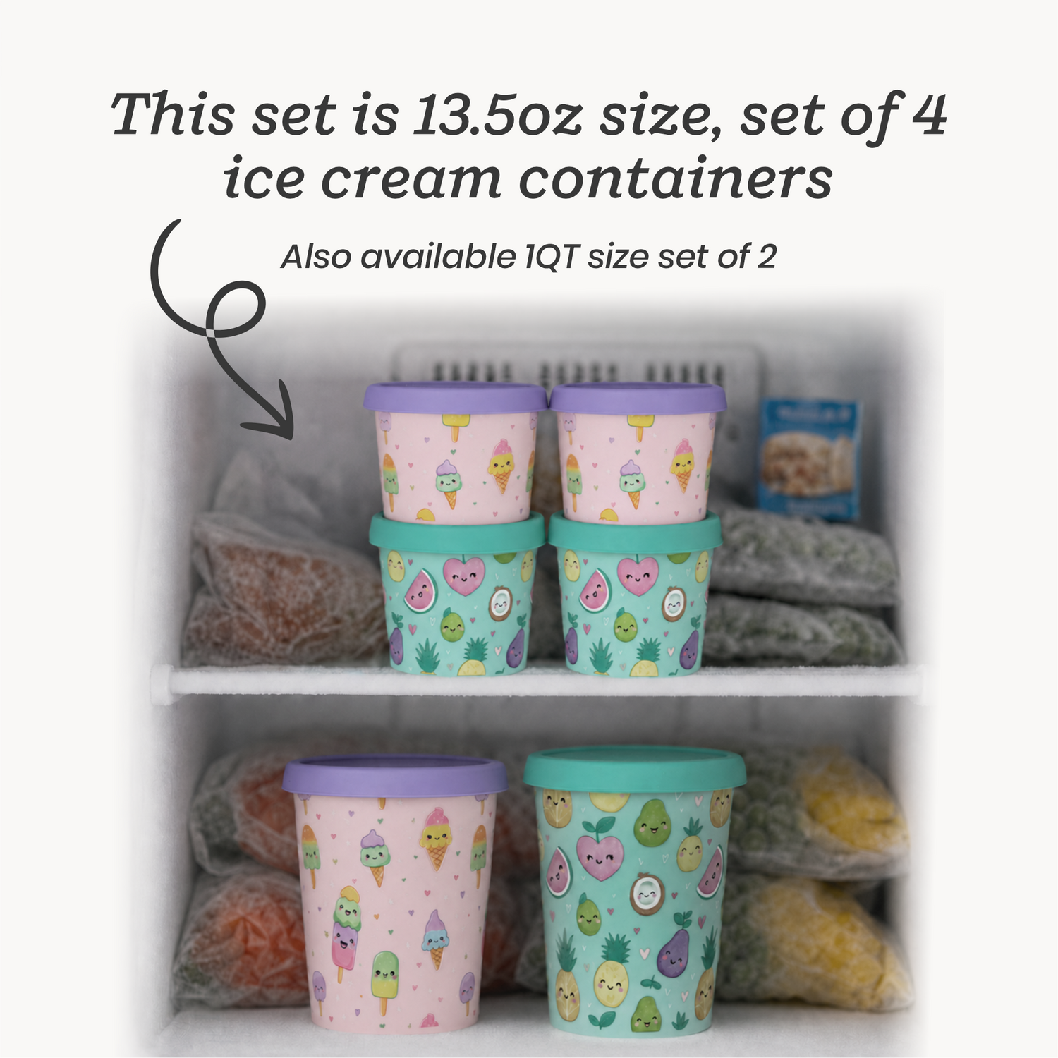 Freeze the Day | Ice Cream Freezer Container 13.5oz Set of 4 | Purple / Green