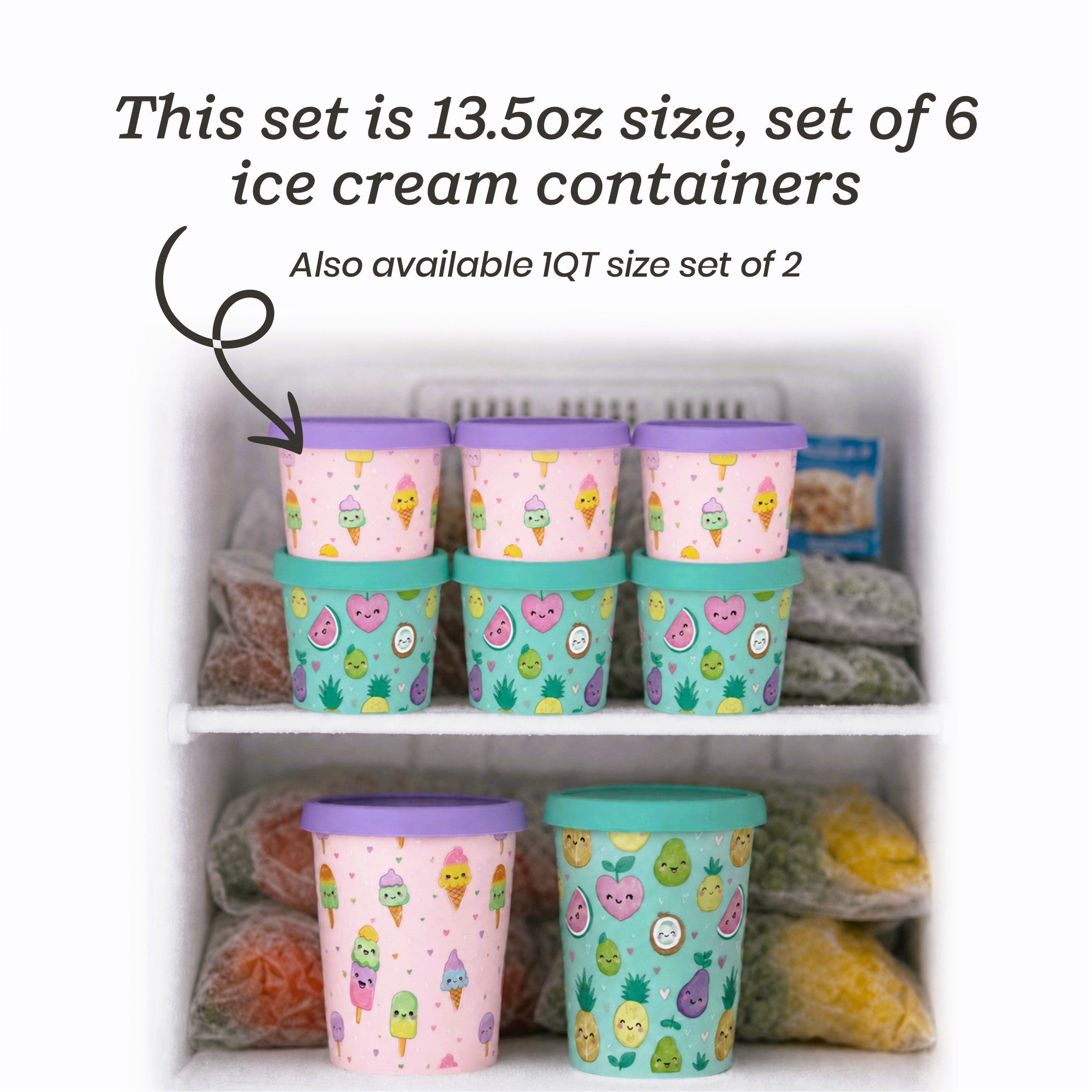 Freeze the Day | Ice Cream Freezer Container 13.5oz Set of 6 | Purple / Green